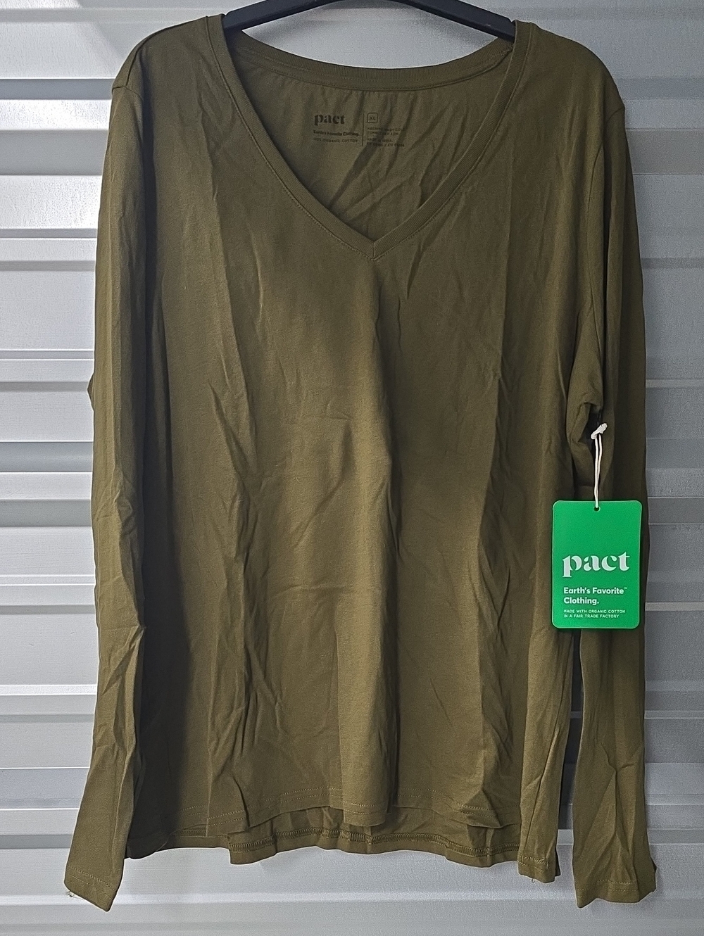 Pact Women's Army Green V-Neck Long Sleeve Tee